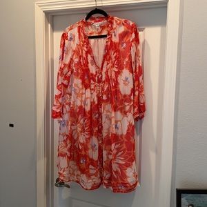 Pretty coral print long-sleeved sheer/lined dress...below knee length